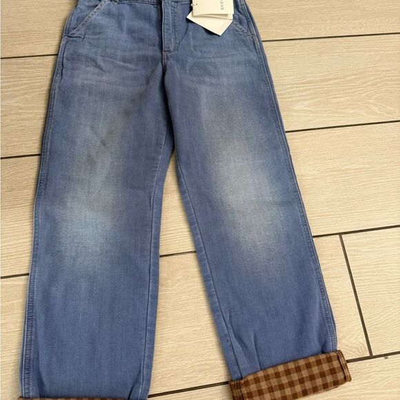 Brand new kids size 8 Gucci Blue Relaxed Fit Jeans with Plaid Cuff - Picture 1 of 8